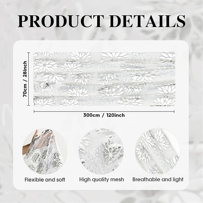 Artoid Mode 3PCS White Silver Dahlia Flower Gauze Table Runner 120 Inch 10FT, Glitter Metallic Foil Seasonal Sheer Dining Holiday Table Decor for Home Party