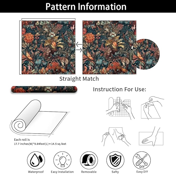Vintage Floral Peel and Stick Wallpaper Mysterious Animal Forest Self Adhesive Removable Easy Peel Off Stick on Wall Paper for Bedroom Cabinet Renter Friendly 17.71"*118.1"