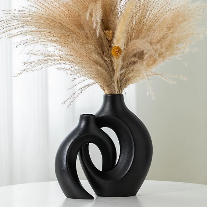 Black Vases Home Decor Set of 2, Ceramic Black Small Flower Vase, Minimalist Boho Decorative Modern Donut Vase for Farmhouse Living Dining Room Office Entryway Bookshelf Coffee Table Décor