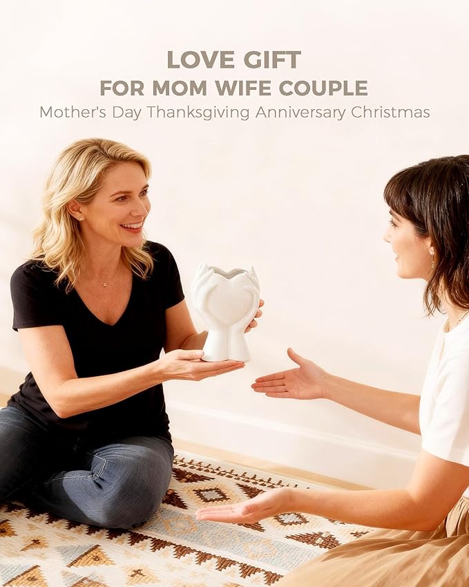 A Heart Held in Two Hands White Vases for Flowers - Cute Modern Small Ceramic Flower Vase for Pampas Grass - Decorative Table Vase for Coffee or Dining Table Centerpiece, Shelf - Gift for Mom (White)