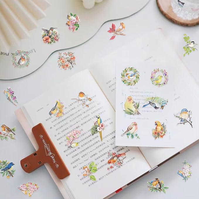 50PCS Watercolor Bird & Flower Stickers, PET Transparent Waterproof Decals for Scrapbooking, Journal Planners, Phone Cases, Laptops, DIY Crafts Decorations - Nature Theme Art Supplies