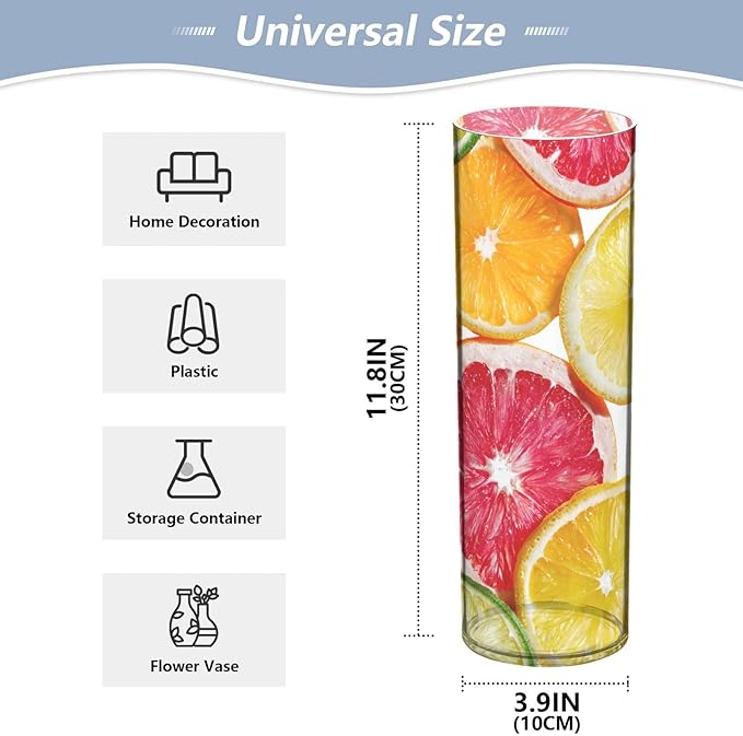Flower Vase Clear Plastic Cylinder Vases Decor for Centerpieces Home Storage Office Weddings Summer Multicolored Citrus Slices 11.8 x 3.9 in