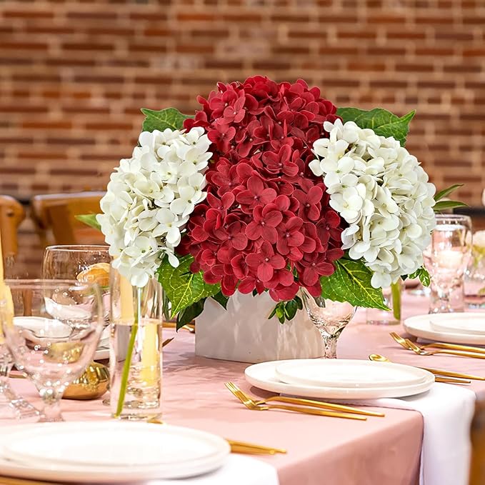 Hydrangea Artificial Flowers, Lifelike Latex Silk Real Touch Faux Hydrangea Flowers, Artificial Hydrangeas Bouquet for Wedding Centerpieces Tables Party Home (Red)