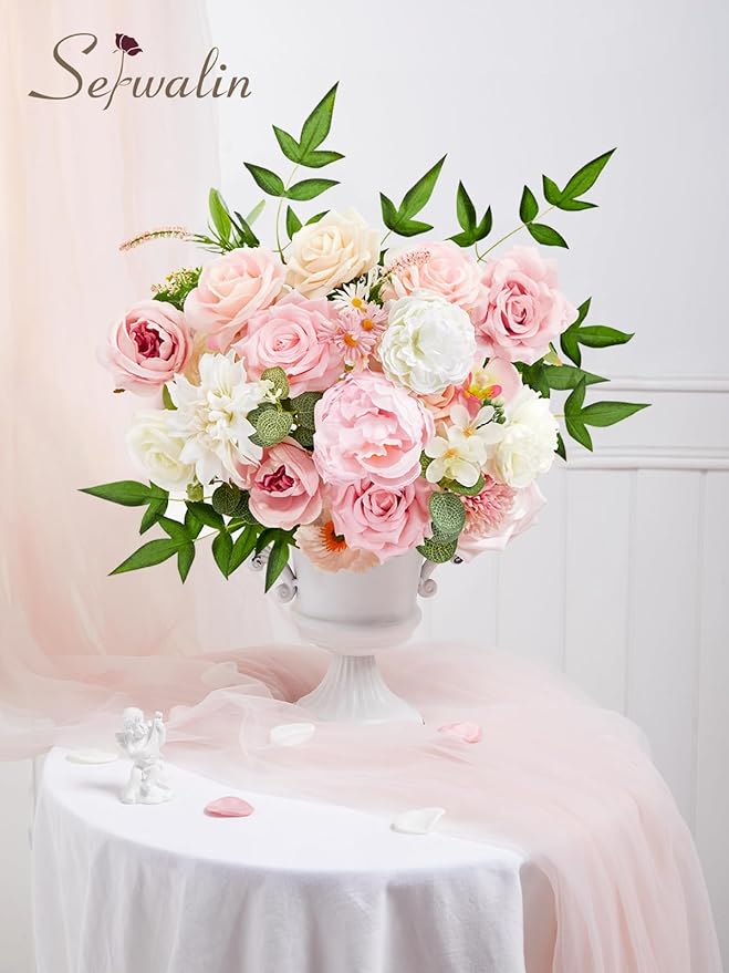 Serwalin Artificial Flowers Pink Peonies Flowers Fake Wedding Flowers Cake Flower Box Set for DIY Wedding Bouquets Bridal Shower Centerpieces Floral Arrangements Party Decor