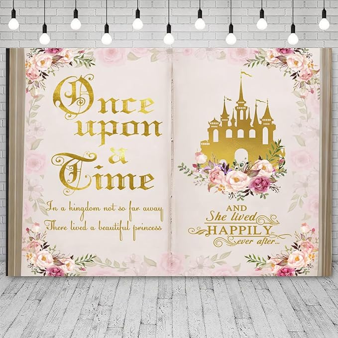 15x8ft Once Upon a Time Backdrop Pink Flower Gold Castle Photography Background Fairy Tale Books Floral Princess Girls Birthday Banner Decorations Fairytale Wedding Portrait Photo Booth Prop