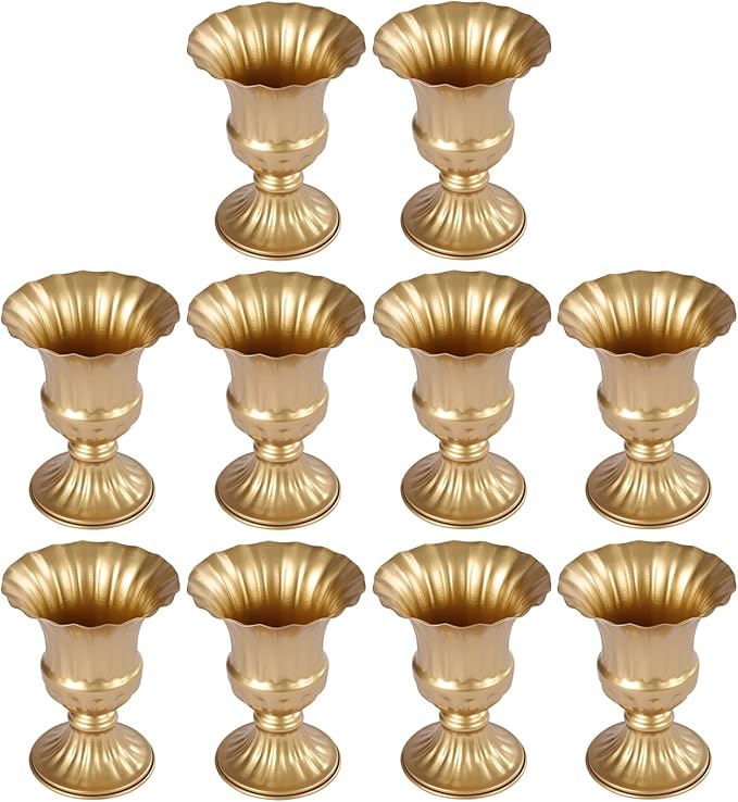 10PCS Gold Wedding Flower Vases, 6.3''h Trumpet Floral Display Holders, Table Centerpieces Decors, Metal Plant Urn Vases, Ready to Use for Garden Wedding Bedroom Living Room Office