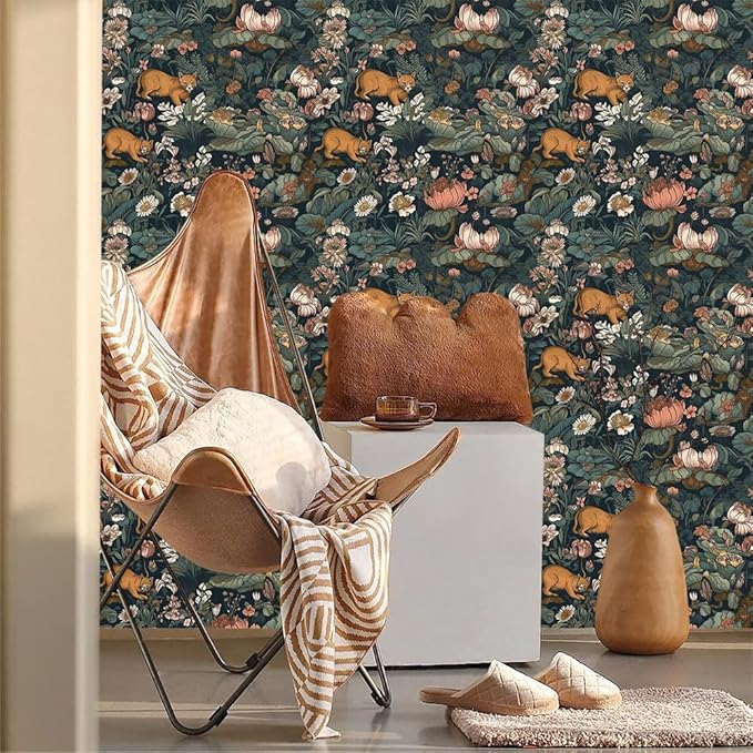 Vintage Maximalism Lotus Floral Animals Forest Green Leaf Peel and Stick Wallpaper Easy Peel Off Stick on Adhesive Wall Paper for Waterproof Renter