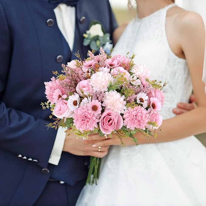 Dremisland Artificial Flowers Like Real Artificial Bouquet 4 Packs Silk Artificial Roses Bouquet with Daisy Chrysanthemum Pink Flowers for Centerpiece Table Wedding Party Home Decor