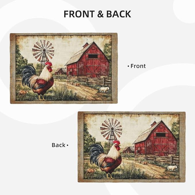 Retro Chicken Placemats Set of 4 Washable Table Farmhouse Rooster Heat-Resistant Cotton Linen Place Mats for Dining Table Kitchen Indoor Outdoor Party Holiday Decor