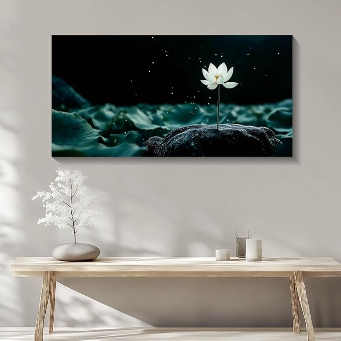 Iallbin Buddha Wall Art & Zen Wall Decor, White Lotus on Water Canvas Painting - for Yoga Meditation Room, Spa & Bathroom, Blue Art Deco Style, 48x24 Inches