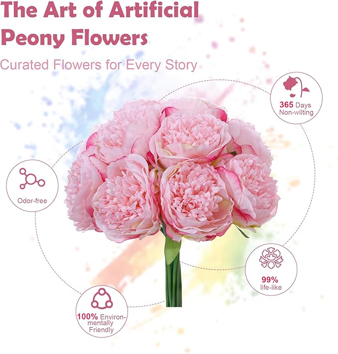 10PCS Pink Realistic Artificial Flowers Peony Fake Silk for Home Office Wedding Table Centerpieces Party Festival Bar Decoration Indoor