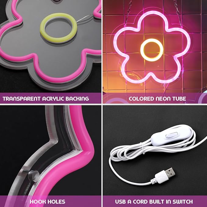 Baquler 3 Pcs Flower Neon Sign Light up Flower Sign Retro Neon LED Lights USB Powered for Wall Decor Window Bedroom Home Girls Birthday Christmas Party Decoration, 9 x 9 Inches(Classic)