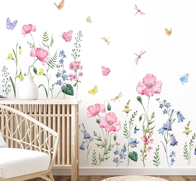 Supzone Watercolor Wildflower Wall Decals Colorful Garden Flower Grass Butterflies Wall Stickers for Girls Bedroom Living Room Home Office Wall Decor