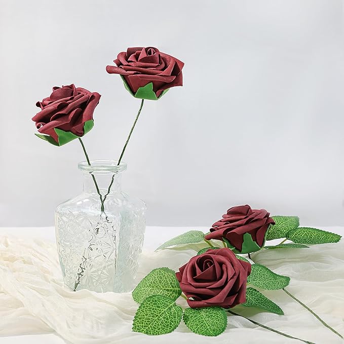 Meldel Artificial Flower 25pcs Real Touch Burgundy Rose Fake Foam Roses with Stems for DIY Wedding Bouquets Gifts Bridal Shower Faux Floral Centerpieces Arrangements Home Party Tables Decorations
