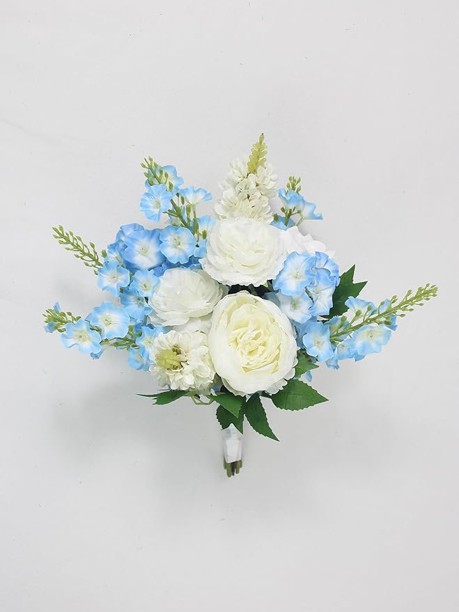 Rinlong 1Pc Baby Blue Bridesmaids Bridal Bouquet Artificial Delphinium Wedding Bouquets for Bride Bridesmaid Silk Bouquet for Wedding Prom