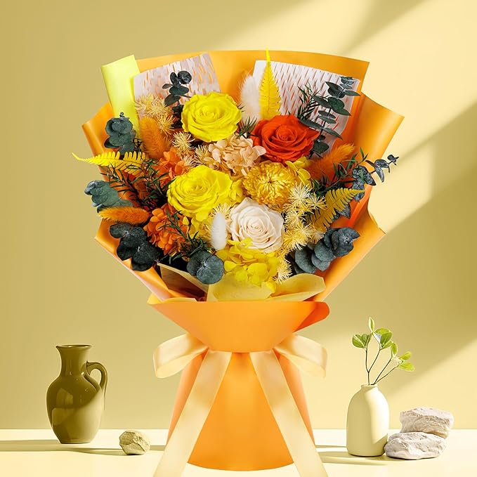 Fall Flowers Gifts for Mom, Flower for Delivery, Preserved Roses Bouquets, Birthday Gifts for Women, Mothers Day Flowers for Wife (Orange)
