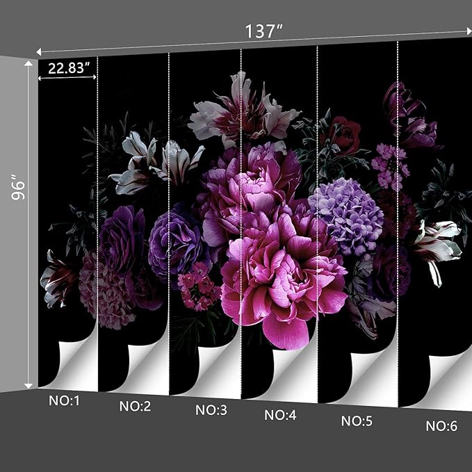 Black Peony Floral Wallpaper Bedroom Purple Botanical Flowers Leaf murals Living Room tv Background Large Wall Mural Aesthetic Room Decor - 137"x96" Not Peel and Stick