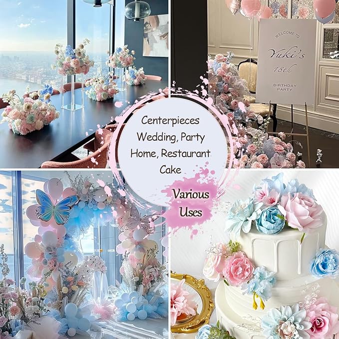 Artificial Flowers Combo Box Set Baby Blue Pink Silk Roses with Stems Crystal DIY Pastel Rainbow Bridal Wedding Bouquets Cake Fake Floral Arrangements Baby Shower Party Table Centerpieces Home Decor
