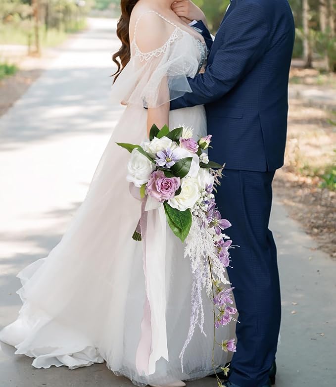 Bridal Bouquet,9 Inch Wedding Bouquets Purple and White Fake Wedding Silk Flowers for Ceremony Anniversary Brides Shower(Purple)