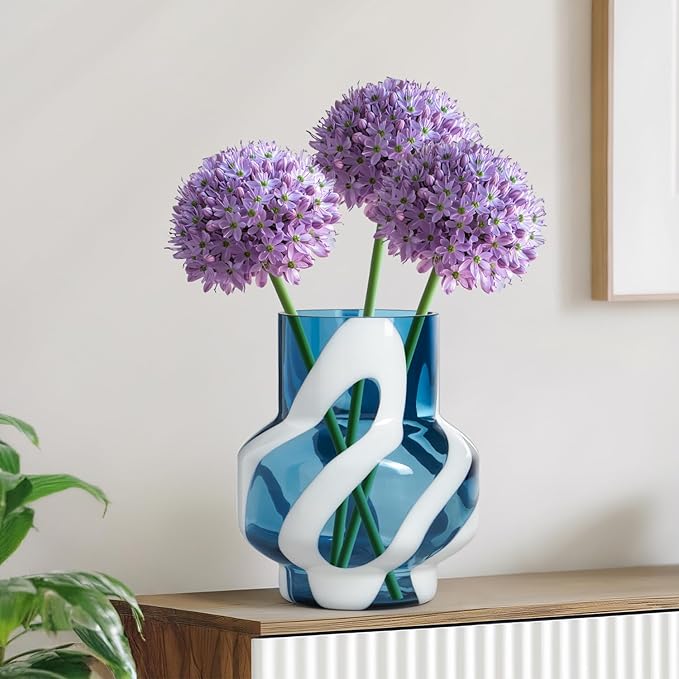 Torre & Tagus 8" White Striped Blue Vase for Flowers - Hand Blown Blue & White Art Glass Vase Modern Home Decor, Large Table Centerpiece for Living Room Consoles, Dining Tables, Modern Art Displays