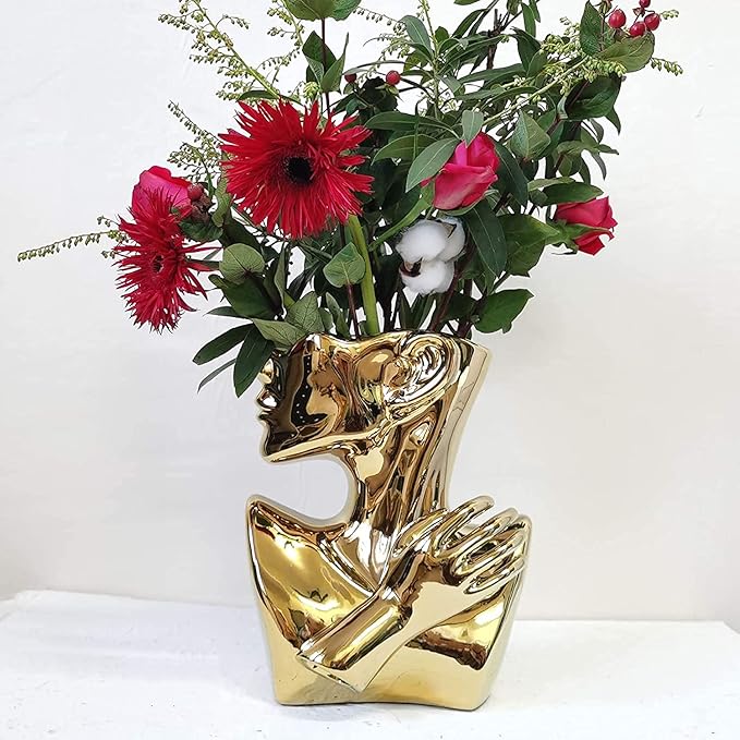 Elegant Gold Ceramic Vase Unique Flower Vase for Home Decor Perfect for Living Room Dining Table Centerpiece (Gold, 1 Pcs)