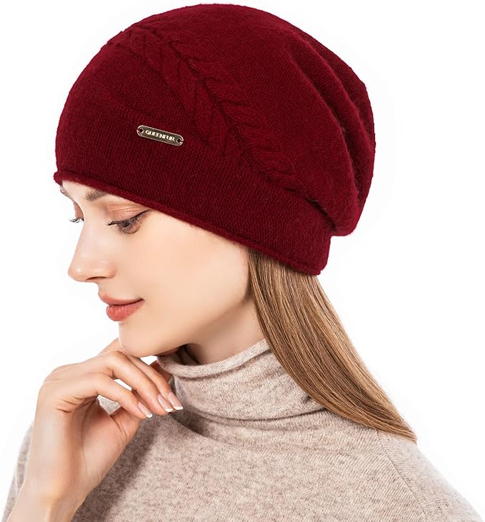 QUEENFUR Knit Slouchy Beanie Hats for Women Cashmere Ski Cap Knitted Wool Soft Warm Winter Hat