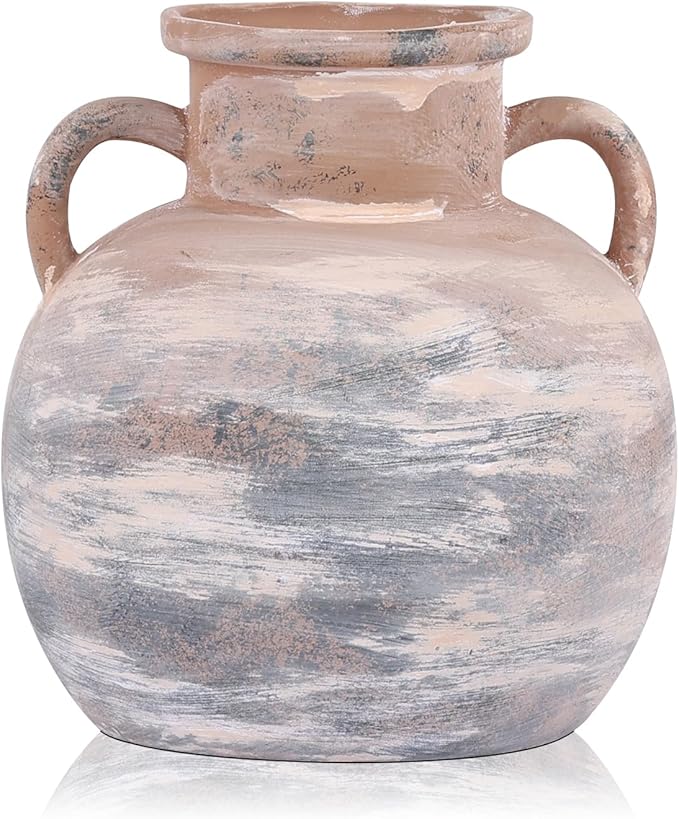 5.9in Rustic Ceramic Farmhouse Flower Small Vase, Beige Terracotta Pottery Decorative Vases Distressed, Round Vases with Handles for Home Wabi Sabi Coffee Table Entryway Decor or Kitchen Utensils