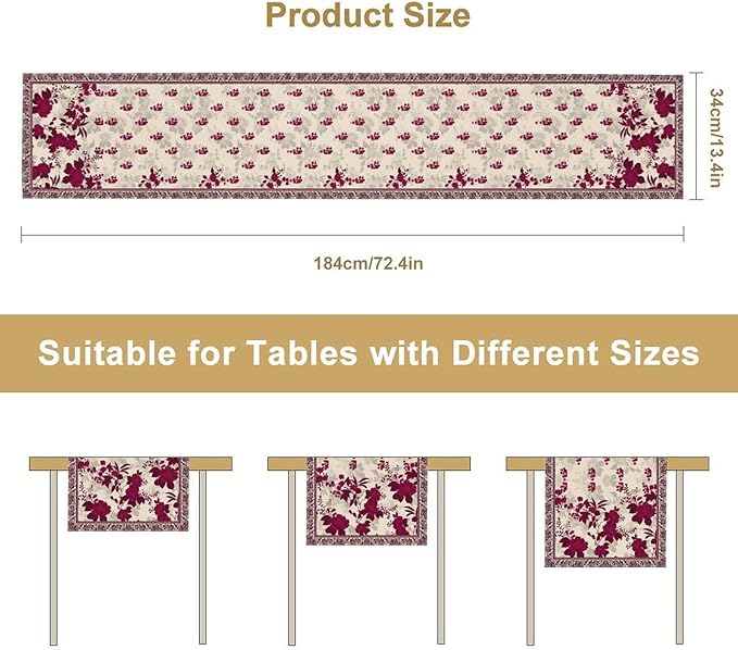 Elegant Floral Table Runner, Vintage Burgundy Maroon Flowers Classic Art Table Decoration Runner for Kitchen Dining Holiday Party Wedding Home Decor, 13x60 Inch