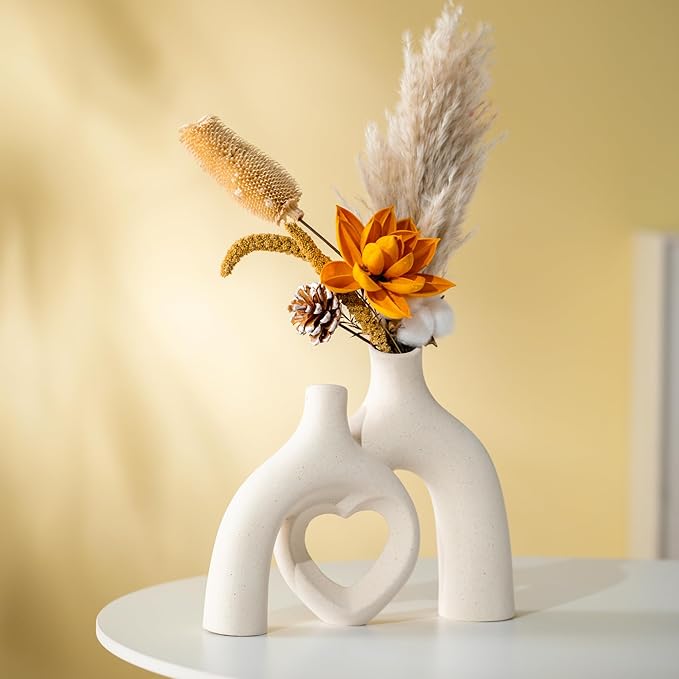 Snuggle Hollow Hug Donut Ceramic Vase, 8.3 Inch Modern Nordic Boho Style Aesthetic Decorative Flower Vases for Home Decor Pottery Barn Dining Living Room Table Shelf (Milky White)