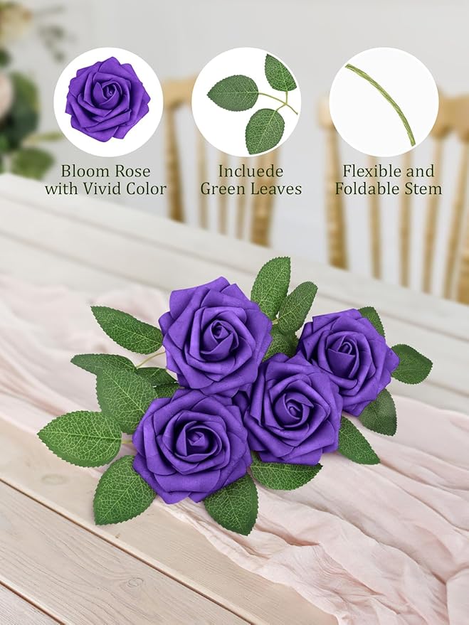 MACTING 60PCS Artificial Rose Flowers Real Touch Foam Flowers with Stem Fake Roses for DIY Wedding Bouquet Table Centerpieces Party Holiday Home Indoor Spring Valentines Day Decorations,Purple