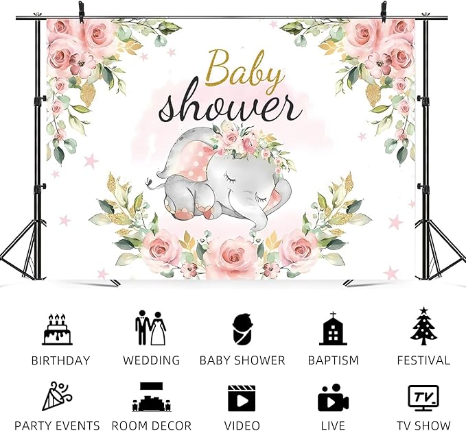 9x6ft Elephant Baby Shower Backdrop for Girl Pink Flowers Photography Background Newborn Girls Birthday Banner Decorations Sweet Princess Baby Party Portrait Photo Booth Prop