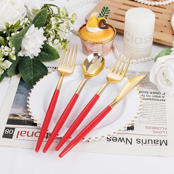 Supernal 102PCS Red Plastic Silverware, Gold Plastic Utensils with Red Handle, Gold Disposable Utensils Heavy Duty Includes 34 Forks, 34 Spoons and 34 Knives prefect for party, wedding & Mother's day