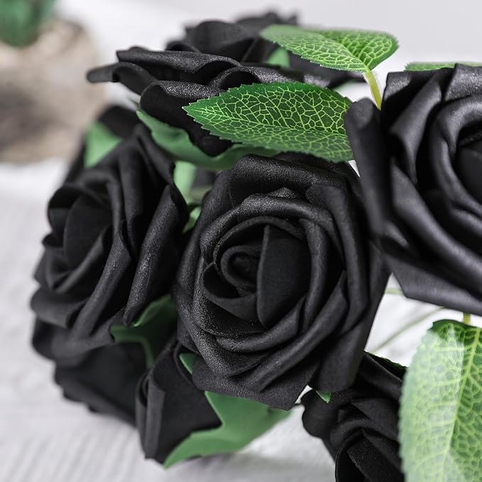 AmyHomie Artificial Flowers Black Rose 25pcs Real Looking Fake Roses w/Stem for DIY Wedding Bouquets Centerpieces Arrangements Party Baby Shower Valentines Day Christmas Tree Decorations