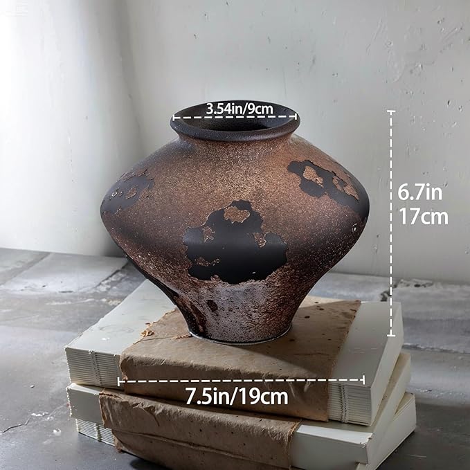 Rustic Ceramic Wabi Sabi Vase, 6.7''Vintage Brown Pottery Flower Jar with Wide Mouth, Handmade Distressed Clay Decor for Table Centerpiece, Farmhouse Shelf, Entryway or Mantel