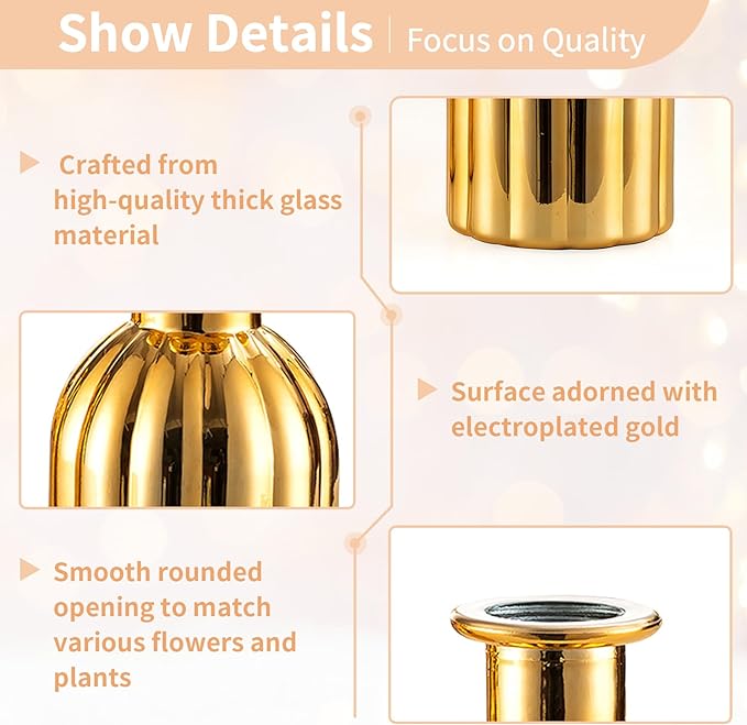 NUPTIO Bud Vases Small Gold: 12 Pcs Glass Vase Set in Bulk for Flowers - Mini Vintage Flower Bottle Single Vases for Wedding Table Centerpieces