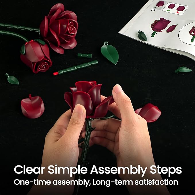 iATOM Burgundy Red Rose Bouquet Building Set, Artificial Flowers Botanical Collection Kit for Adults Women, Gift for Christmas and Valentines Day - Gothic Home Office Table Centerpiece Decor - IA11016