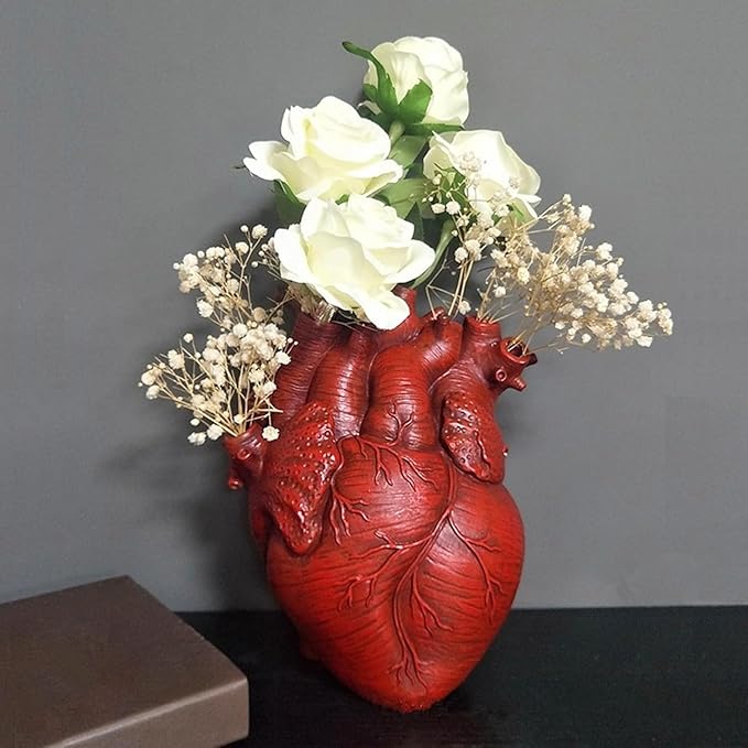 Heart Vase, Gothic Anatomical Resin Flower Pot Desktop, Human Heart Organ Shape for Dried Flower Arrangement on The Dining Table、Desktop Living Room Decoration (Red)