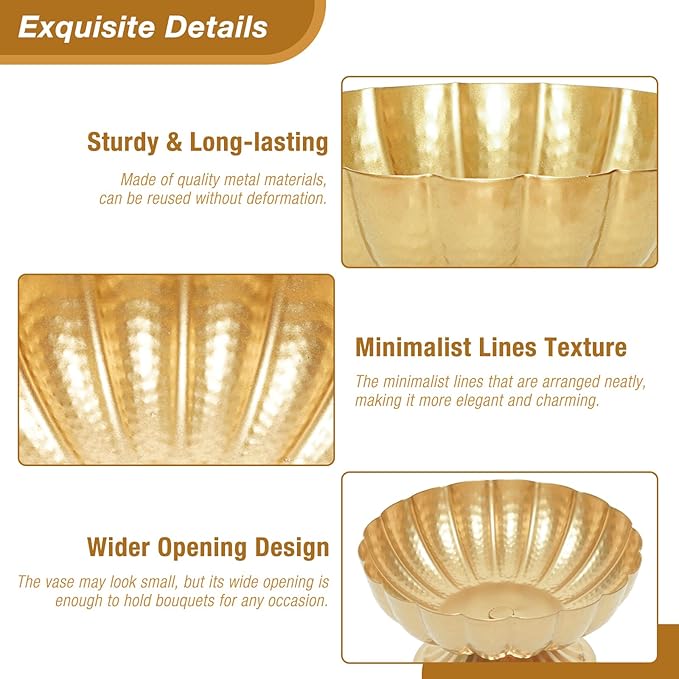 Gold Flower Vases for Centerpieces: Vintage Compote Bowl Vase for Wedding 4 Inch Small Pedestal Vase for Party Gold Centerpieces for Table Metal Urn for Event Home Decor Set of 2