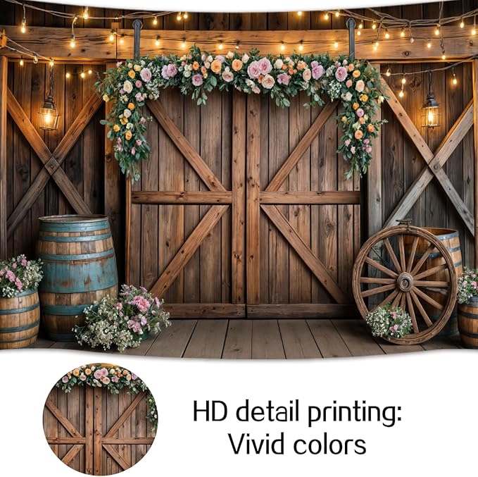 10x8ft Country Wedding Photography Backdrop Rustic Barn Door Photography Backdrop Farmhouse Pink Flower Cabin Wooden Birthday Baby Shower Wedding Bridal Party Banner Photo Booth Props Background