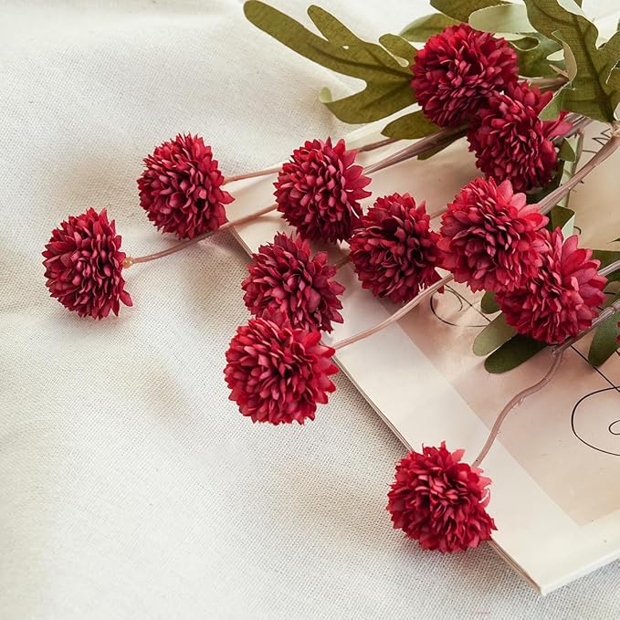 Laelfe Artificial Kiku Flower Wind Red- 5 Pcs Fake Pompon Mums Silk Small Chrysanthemum Faux Ball Fall Flower Stem Decor for Wedding Filler DIY Bouquet Centerpieces Arrangements Shower (Dark Red)