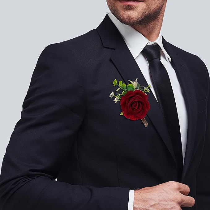 Ivory Rose Boutonniere for Men Wedding Set of 6 Groom Groomsmen Best Man Artificial Flowers Boutonniere for Wedding Ceremony Anniversary Prom Flowers Formal Dinner Party (6, Red, Middle)