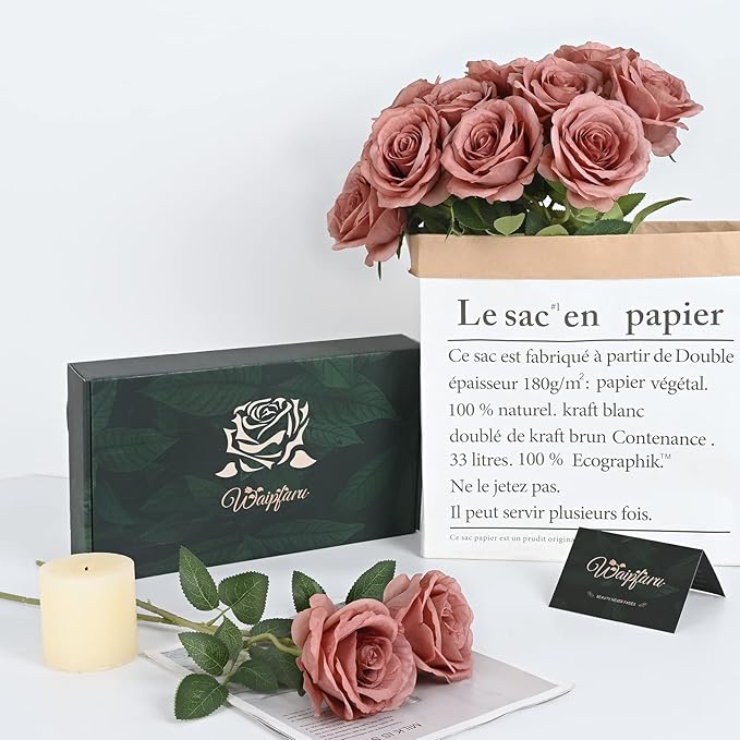 Waipfaru 16 Pcs Artificial Flowers Fake Silk Dusty Roses, Faux Real Touch Roses Bouquet with Long Stem for Wedding Party Home Decor (Dusty Rose)