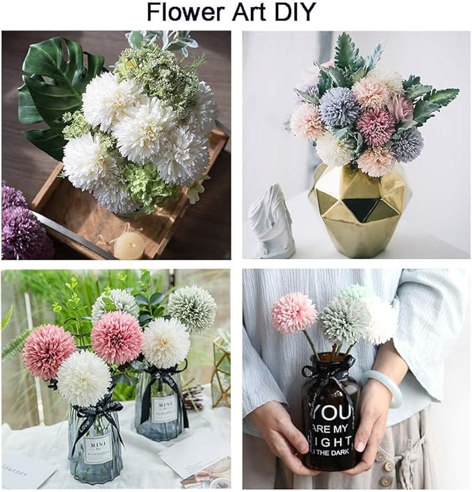 10Pcs Artificial Fake Flower Plants Silk Chrysanthemum Ball Hydrangea Arrangements Wedding Bouquets Decor Home Kitchen Garden Party Table Floral Centerpieces DIY (Grey Blue)