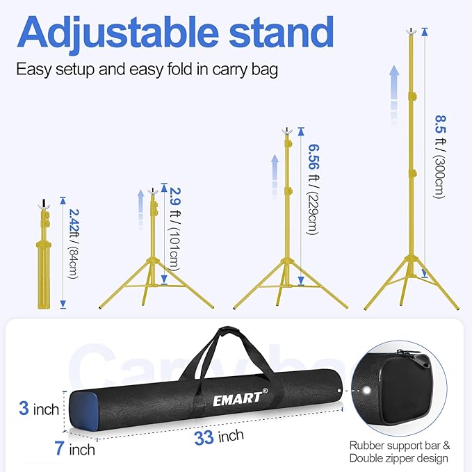 EMART Backdrop Stand 10x8.5ft(WxH) Photo Studio Adjustable Background Stand Support kit with 2 Crossbars, 8 Clamps, 2 Sandbags and Carry Bag for Parties, Events Decoration, Wedding -Titanium Gold
