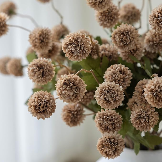 mizii 6Pcs Fake Silk Pompon Mum Artificial Flowers Bulk Small Faux Chrysanthemums with Stems Realistic Floral Decorations for Wedding DIY Bouquet Centerpieces Shower Vase Home Decor (Khaki)