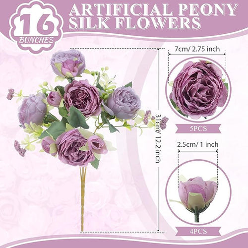 16 Bundles Artificial Peonies Silk Peonies Faux Flower Bouquet Fake Peony Flower Arrangements Table Centerpieces for Vase Wedding Party Boho Home Office Decoration Bulk (Purple)