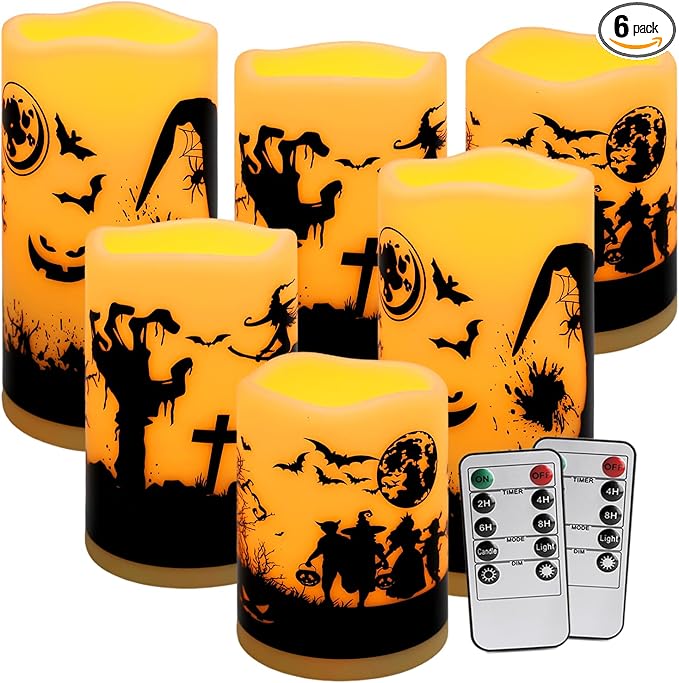 A Set of 6 Halloween-Themed LED flameless Candles, Featuring a timed Remote Control and Halloween-Themed Atmosphere Patterns, Perfect for Trick-or-Treating LED Candles，Halloween Spooky.