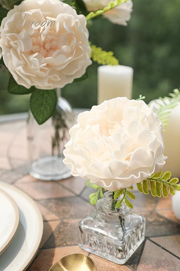Floroom Artificial Flowers 16pcs 4" Cream Blooming Peonies Real Looking Foam Fake Peony with Stems for DIY Wedding Bouquets Bridal Shower Centerpieces Floral Arrangements Party Tables Home Decorations