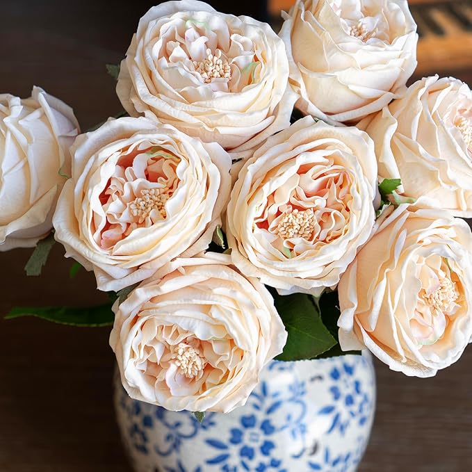 Fake Flowers for Decoration Home Decor Real Touch Artificial Flowers Austin Rose Peony Latex Fake Flower Living Room Decoration Vivid Pink Roses Peonies (Champagne 4pcs)