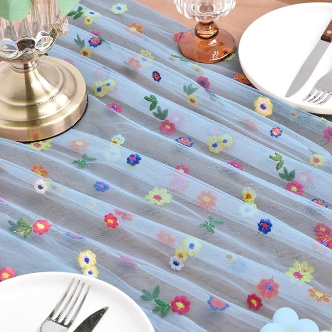 Joanlody 3pcs Blue Embroidery Daisy Christmas Table Runner Florals Seasonal Tulle Table Runner Holiday Kitchen Dining Table Decoration Wedding Party